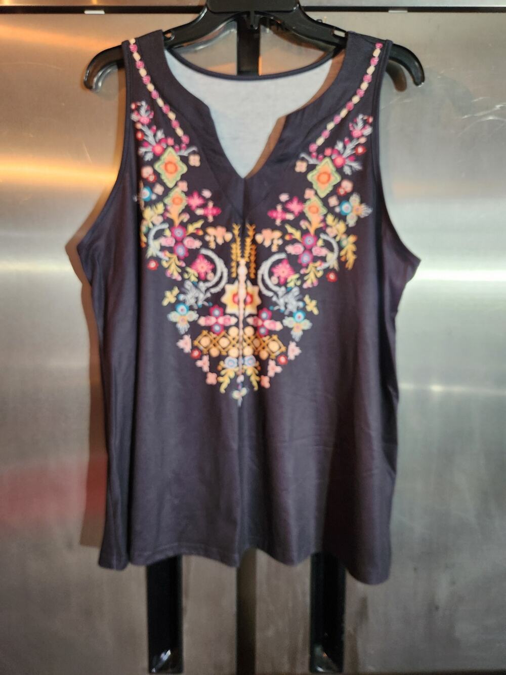 Shein Curve Charcoal Embroidered Boho Tank Top Size 1XL